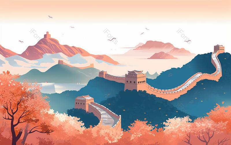 中国彩色长城古建筑上空的飞鸟,插画/手绘图,插画/手绘图库,插画/手绘图下载,插画/手绘